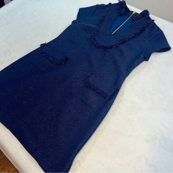 Sail to Sable Navy Blue Gold Metallic Tweed Fringe Tunic Shift Dress Size 10 - Picture 6 of 14